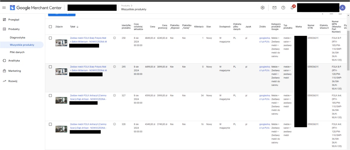 Podgląd feedu produktowego w Google Merchant Center