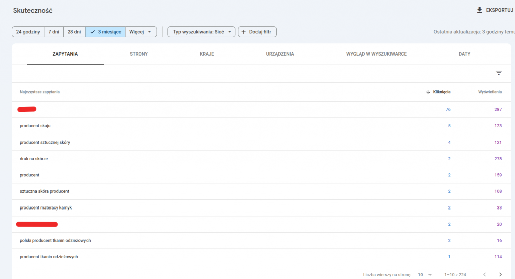 ekran skuteczności z Google Search Console z widocznymi zapytaniami
