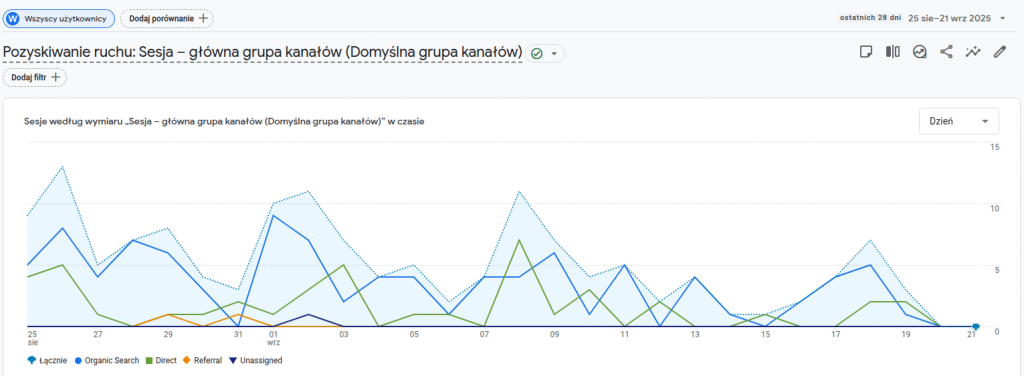 ekran danych google analitics z sesjami z podziałem na źródło