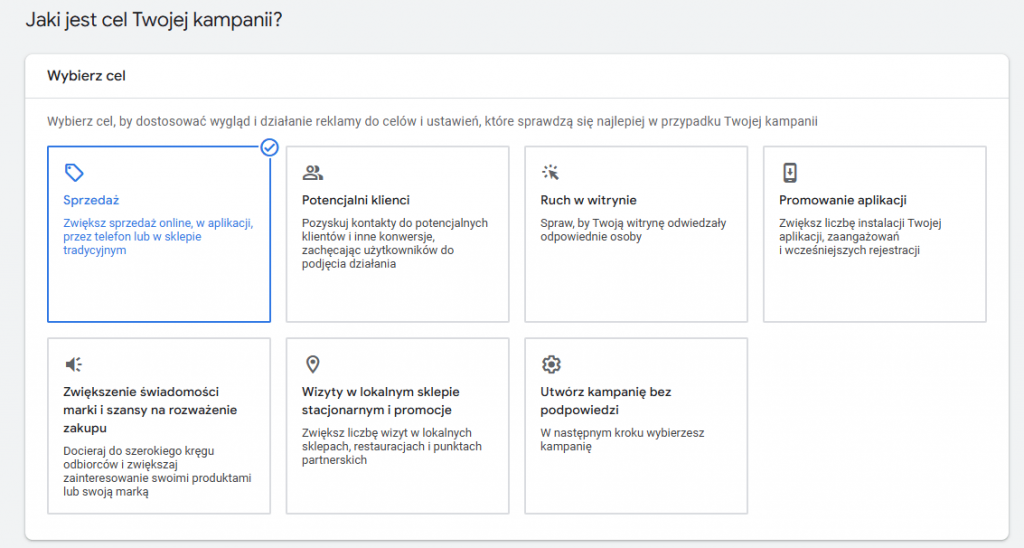 wybór celu kampanii google ads