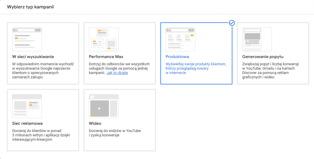 wybór typu kampanii google ads