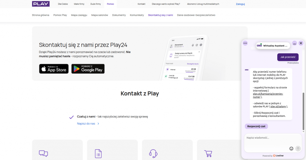 przykład live chatu na stronie play